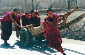 2001 China Aba young monks fun with cart